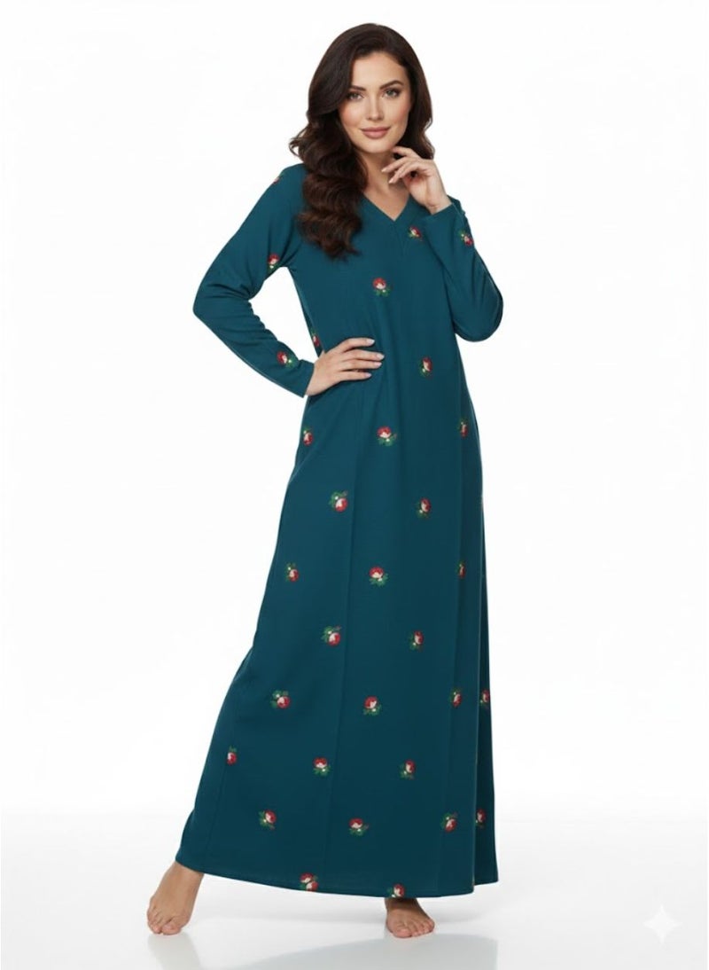 بريميم جلابية نسائية ماكسي بلون أخضر مخضر بطبعة براعم الورد - جلابية رمضان - بياقة على شكل حرف V، وأكمام طويلة، وقماش محبوك ناعم مطاطي، ونقشة زهور بسيطة - Image 1